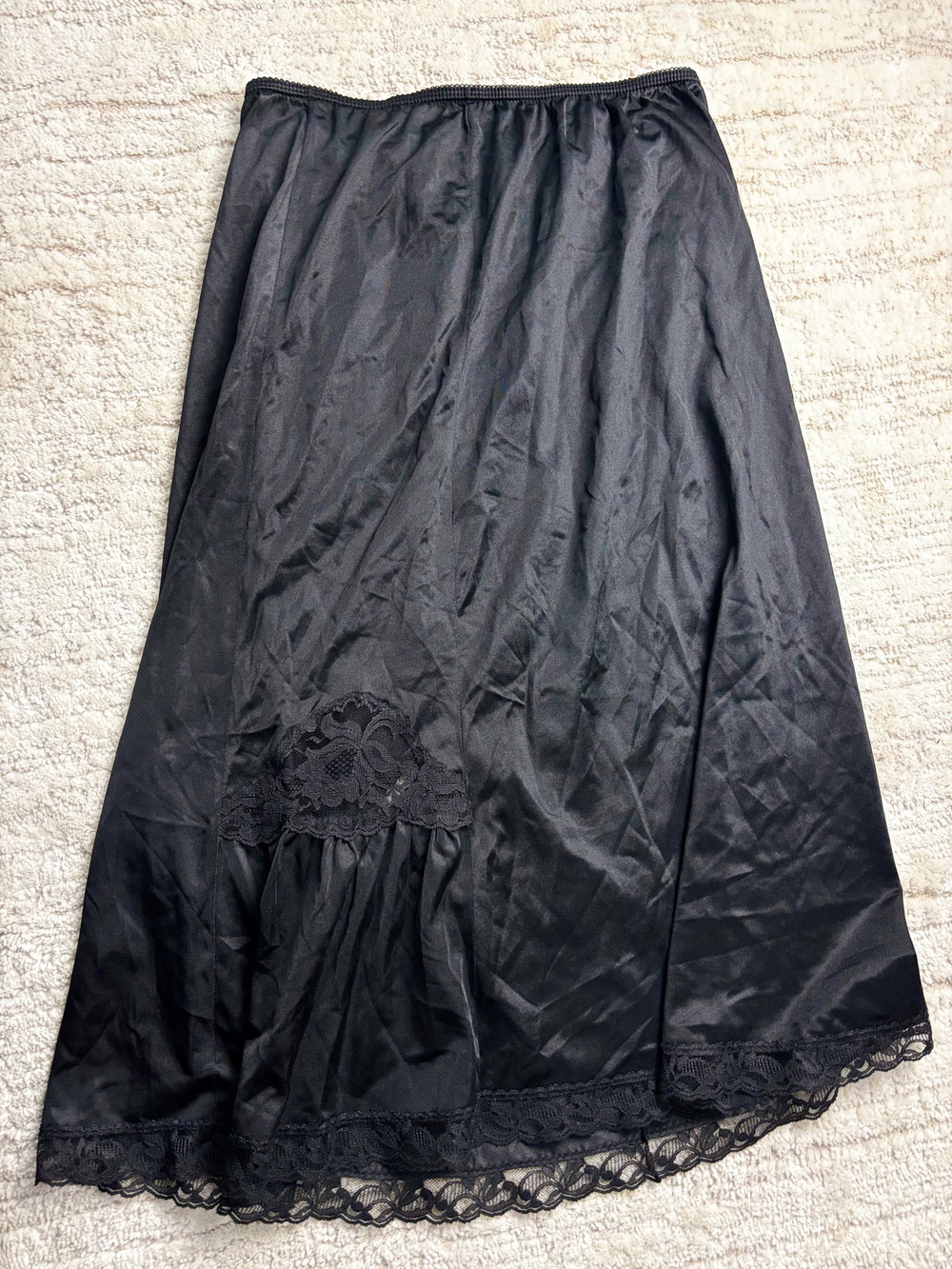 Vintage Body Chic Black Lace Trim Satin Half Slip Skirt Large